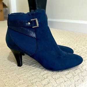 Blue suede-ish low heel booties